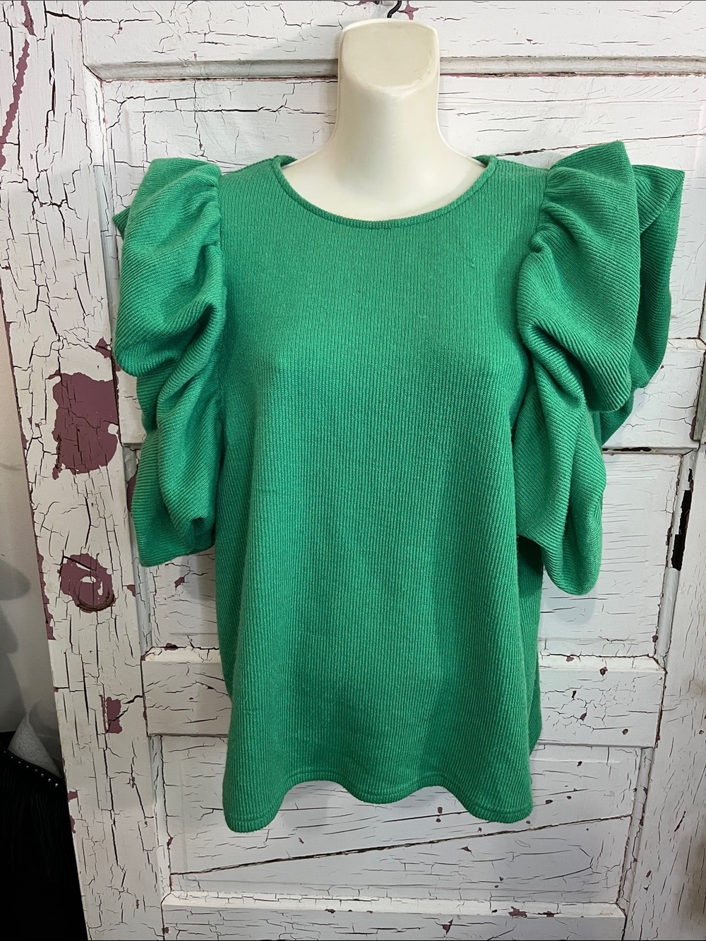 THML Emerald Green Puff-Sleeve Knit Top in Med GUC